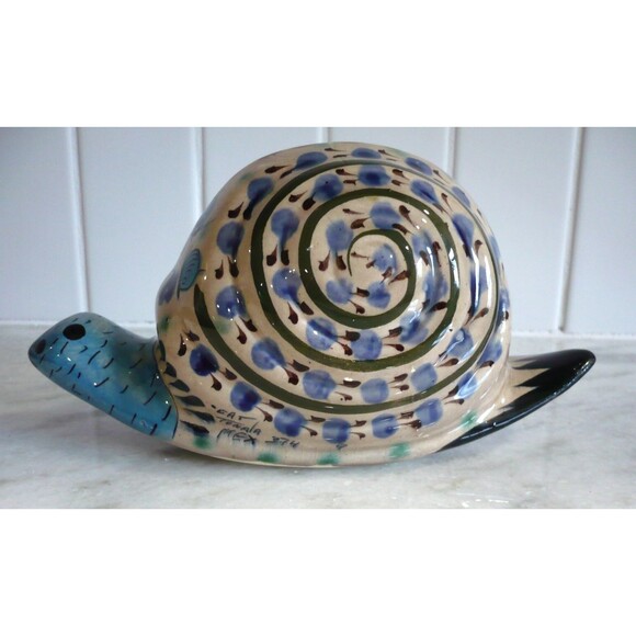 Vtg Tonala Mexico Snail Pottery Hand Painted Signed Planter Sponge Keeper Blue - Picture 3 of 16